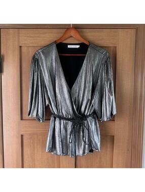 Rebecca Minkoff Mary Wrap Top Blouse in Metallic Gunmetal Silver Women’s size XL